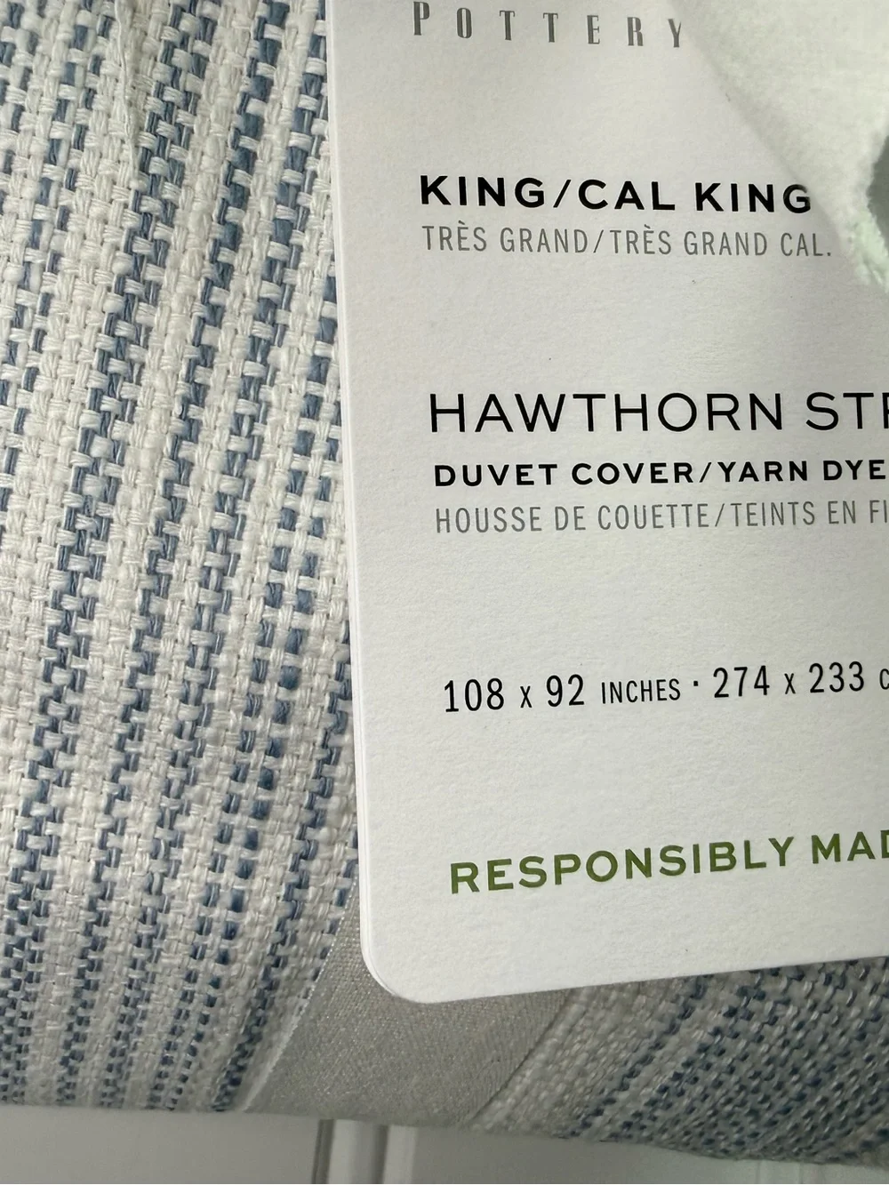 POTTERY BARN HAWTHORN STRIPE COTTON KING DUVET COVER Blue NEW 3101